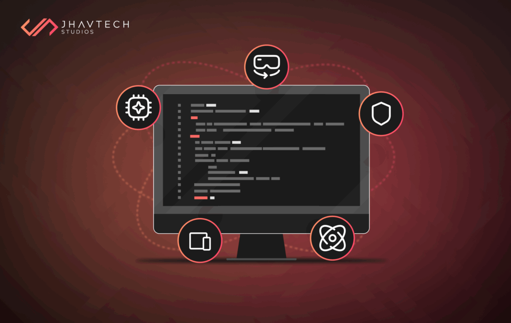 Desktop displaying code, surrounded by various tech icons