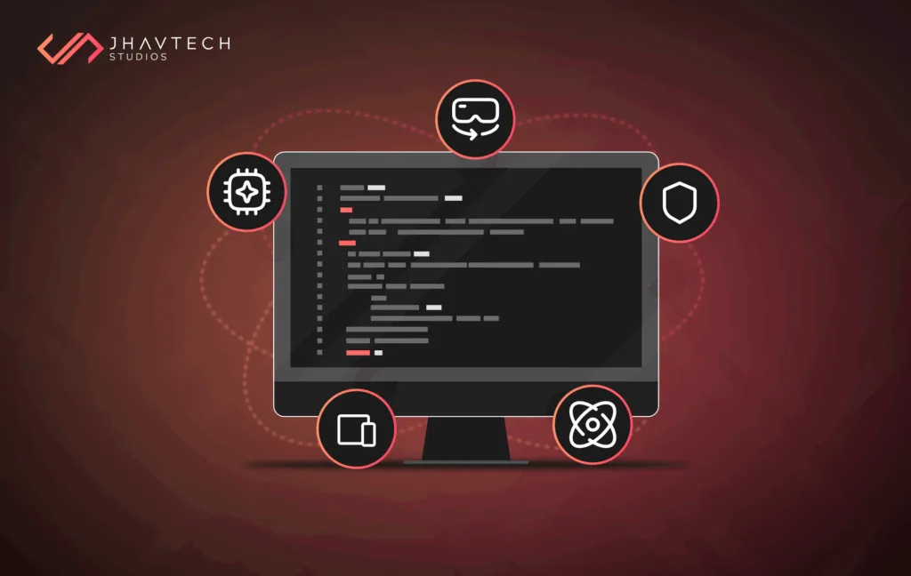Desktop displaying code, surrounded by various tech icons