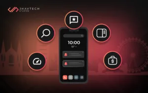 A developer optimising a mobile app interface on a laptop, Melbourne skyline in background