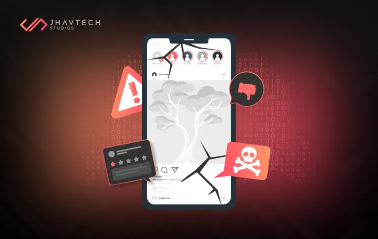 Cracked mobile app screen with warning and error icons