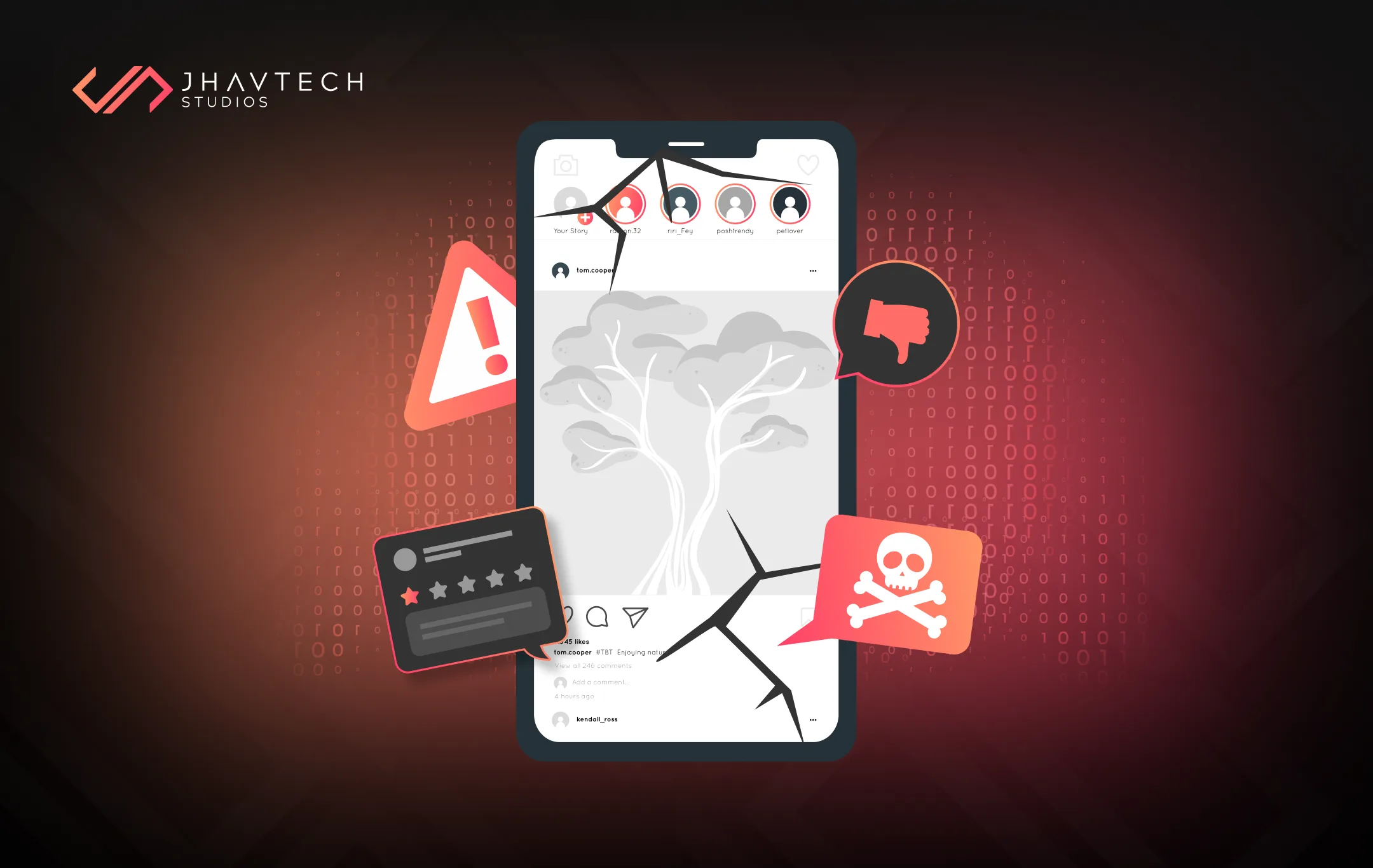 Cracked mobile app screen with warning and error icons