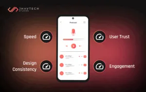 Podcast app UI showcasing speed, trust, consistency, and engagement