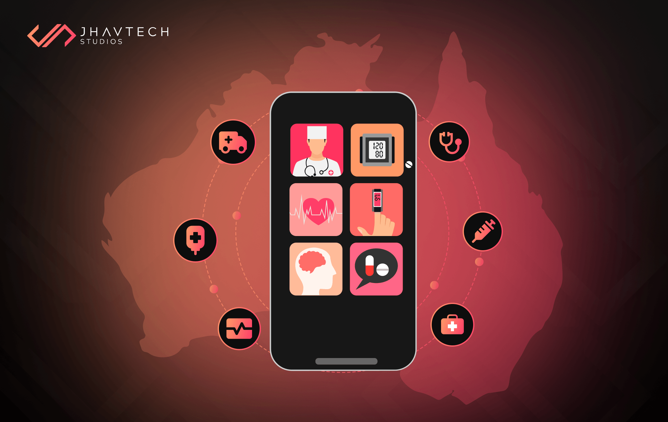 healthcare mobile app features and icons on the Australia map