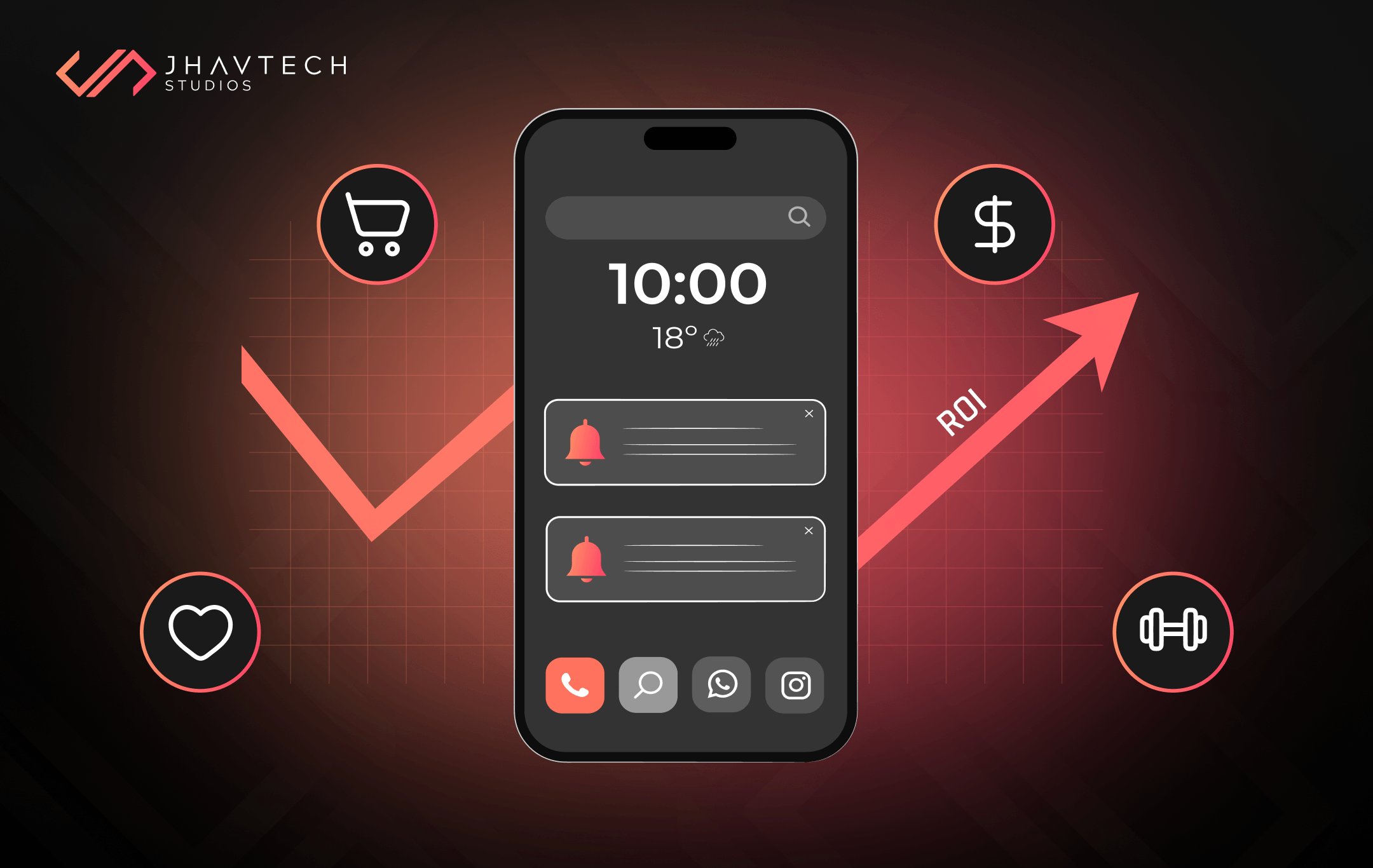 Mobile app ROI growth with icons