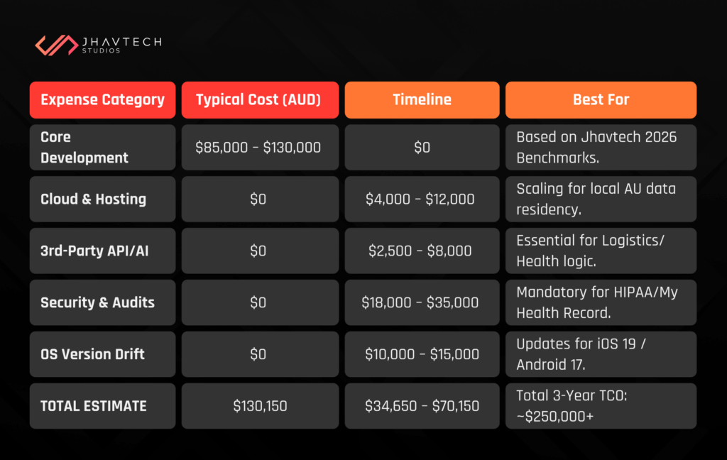 Mobile app cost breakdown table