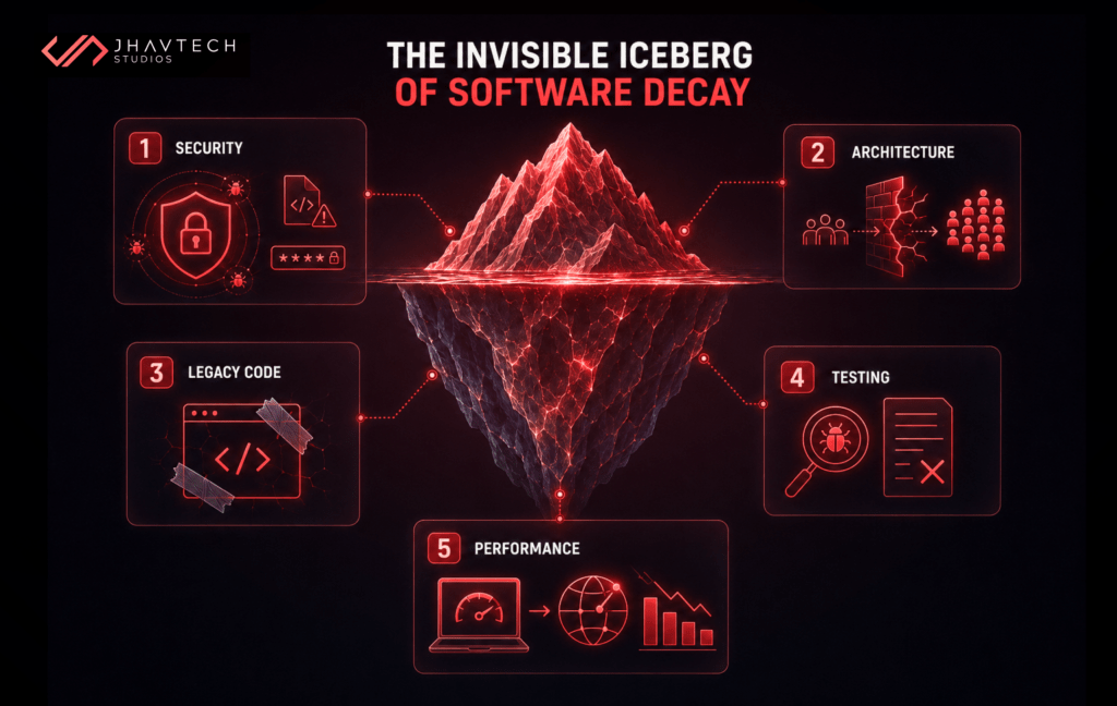 An iceberg showing hidden software decay risks